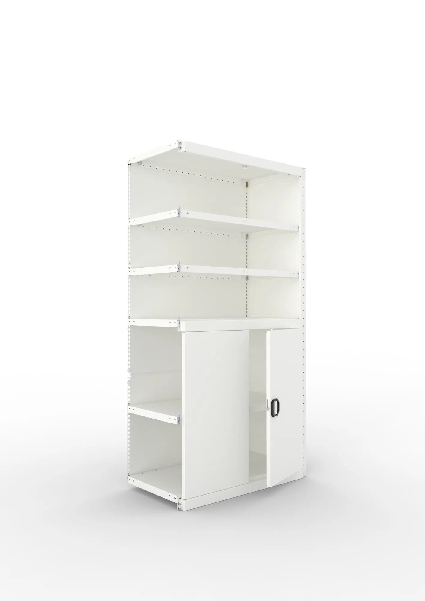 META CLIP | Schrankmodul | Anbauregal | Variante 1 | 2000 x 1000 x 500 mm | offene Fächer und Flügeltür unten | RAL 7035