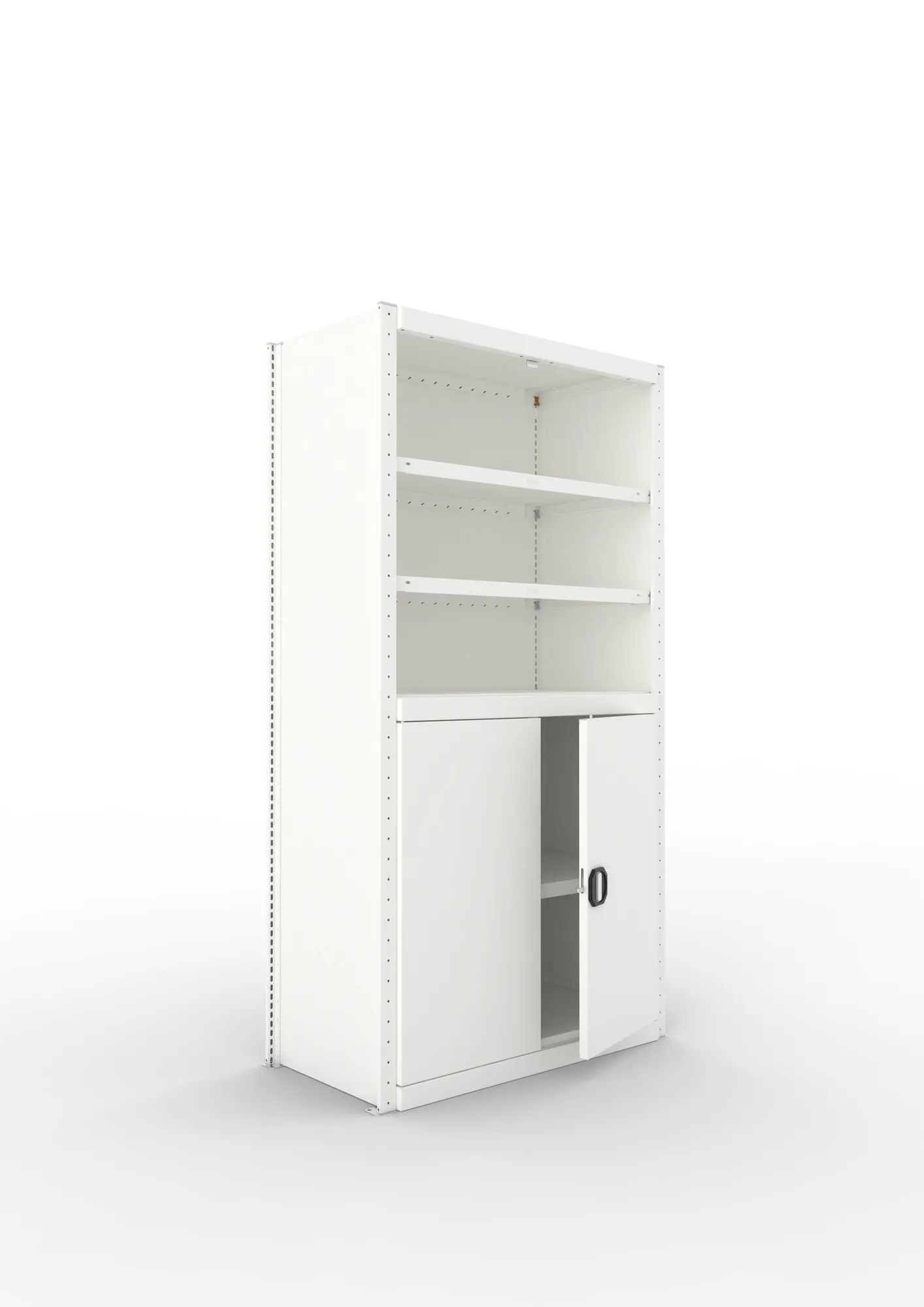 META CLIP | Schrankmodul | Grundregal | Variante 1 | 2000 x 1000 x 500 mm | offene Fächer und Flügeltür unten | RAL 7035