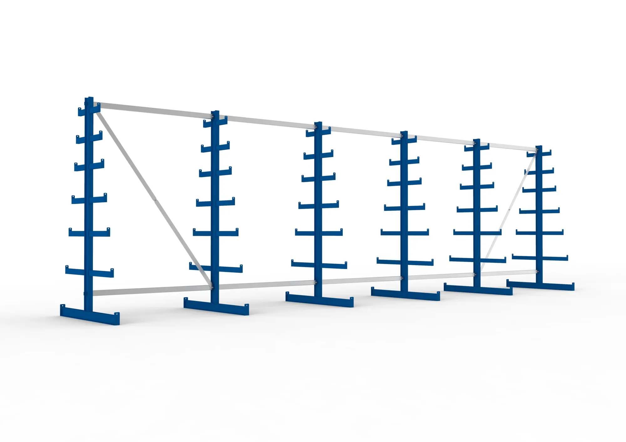 META ATLAS ST | Langgutregal | 5 Felder | 2000 x 6750 x 500 mm | Armlast 200 kg | doppelseitig | 6+1 Ebenen | RAL 5010
